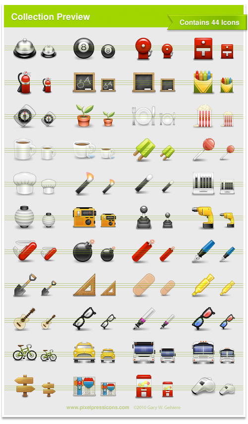 Bell, Service Bell, Eight Ball, Alarm, Fire Extinguisher, Chalkboard, Crayon, Compass, Plant, Sprout, Plate, Fork, Popcorn, Coffee, Tea, Popsicle, Lollipo, Chef Hat, Match, Matches, Lantern, Paper Lantern, Radio, Gear Shift, Drill, Tool, Swiss Army Knife, Bomb, Dynamite, TNT, Pen, Shovel, Triangle, Bandaid, Highlighter, Guitar, Glasses, Pen, #D Glasses, Bicycle, Taxi, Bus, Sign Post, Directins, Map, Candy Dispenser, Whistle